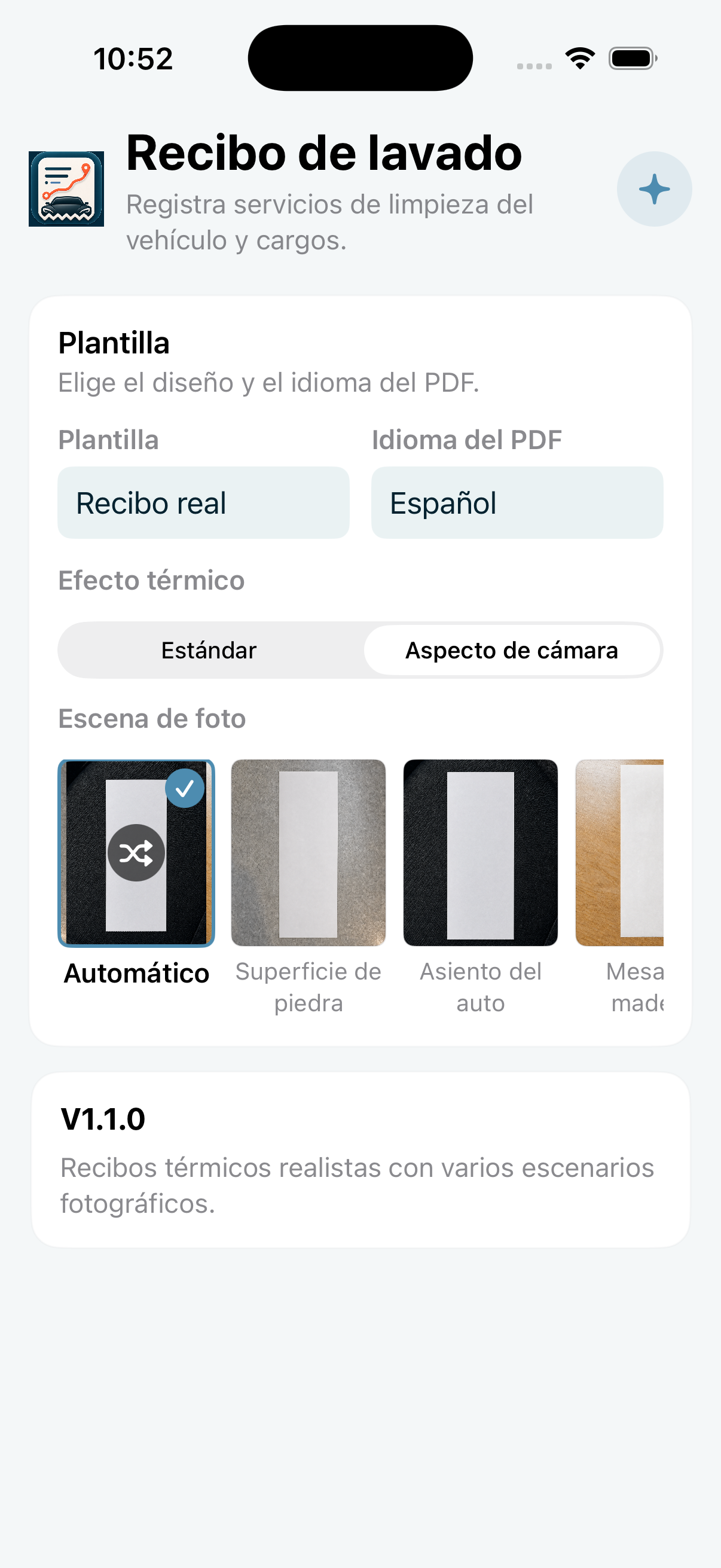 Plantilla Recibo real y escenas fotográficas de RideReceipt en español